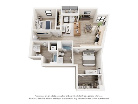 A 3D floor plan of a house with a kitchen, living room, dining room, and two bedrooms.